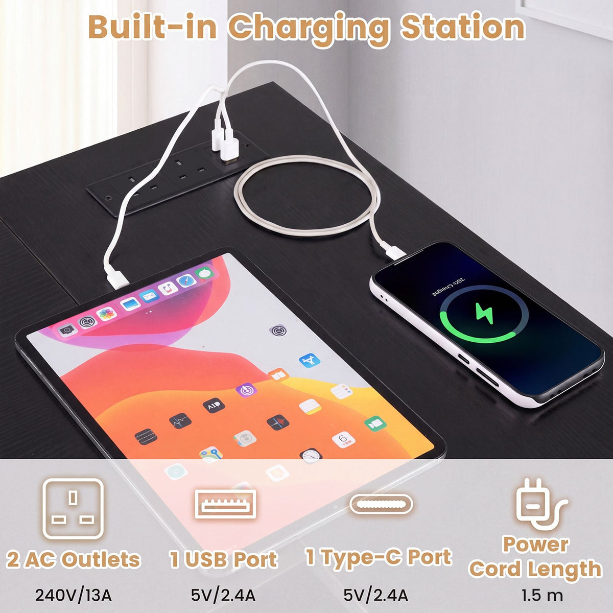 39.5" L-Shaped Computer Desk with Integrated Charging Hub-Black