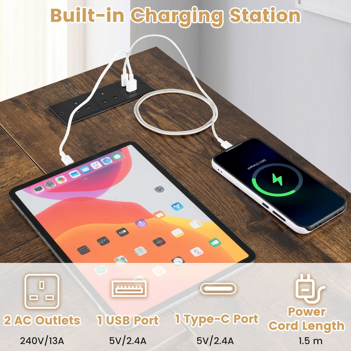 39.5" L-Shaped Computer Desk with Integrated Charging Hub-Rustic Brown