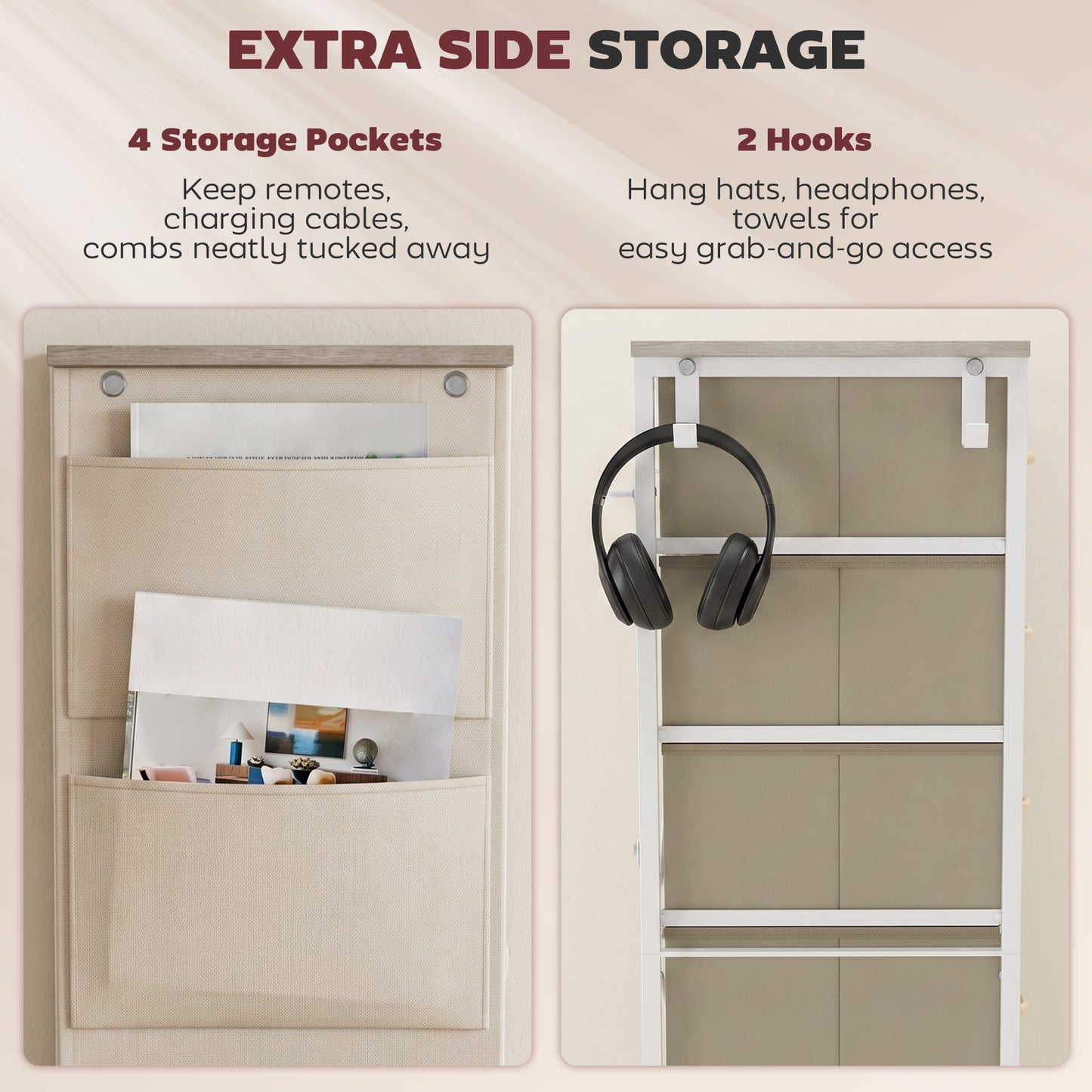 HOMCOM Chest of Drawers, Dresser with 4 Fabric Drawers, Tall Storage Unit with 4 Pockets and 2 Hooks, Steel Frame, Natural Wood