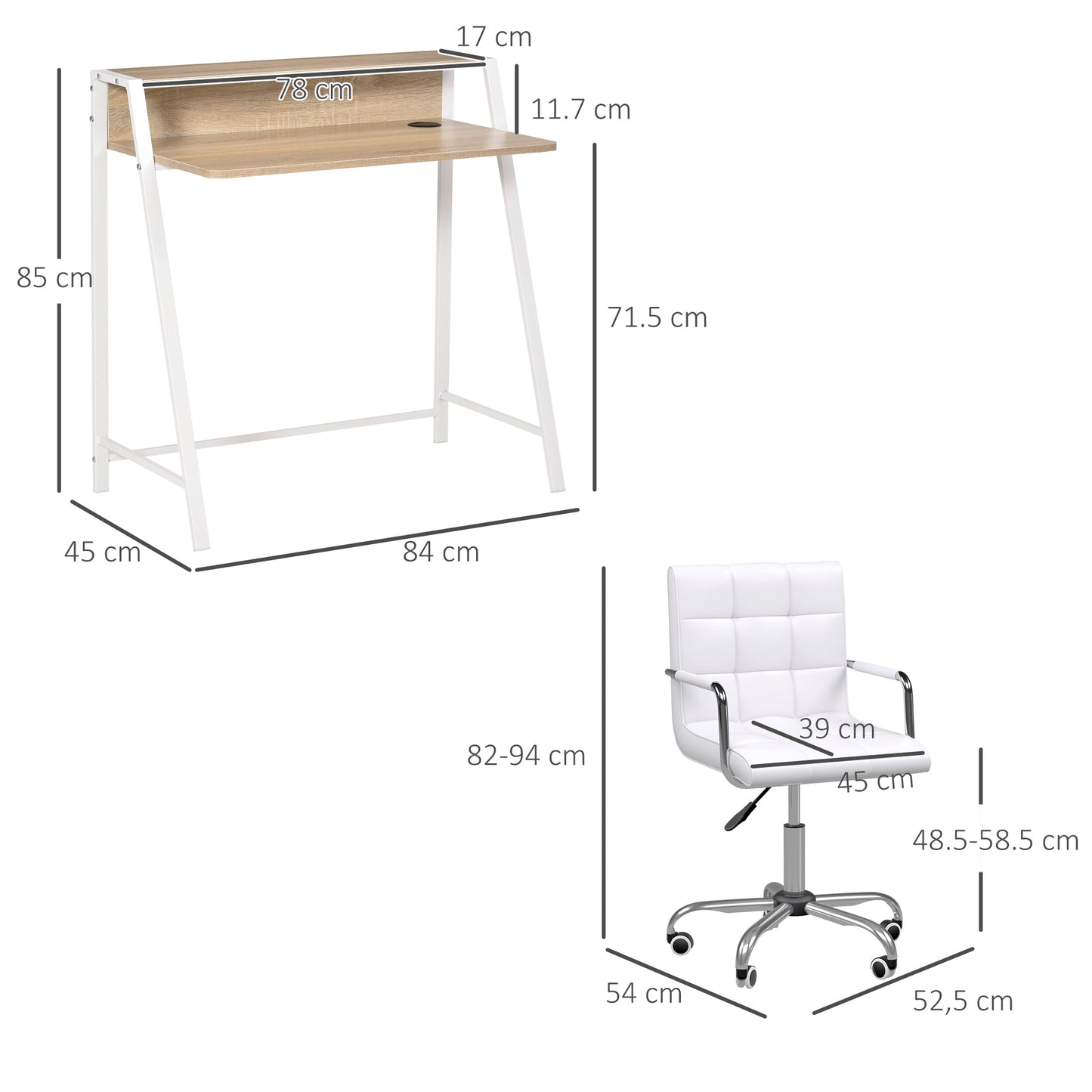 Zestaw HOMCOM Home Office Chair i Computer Desk, Fotel biurowy ze sztucznej skóry z kółkami obrotowymi, Biurko do nauki z półką do przechowywania, Biały
