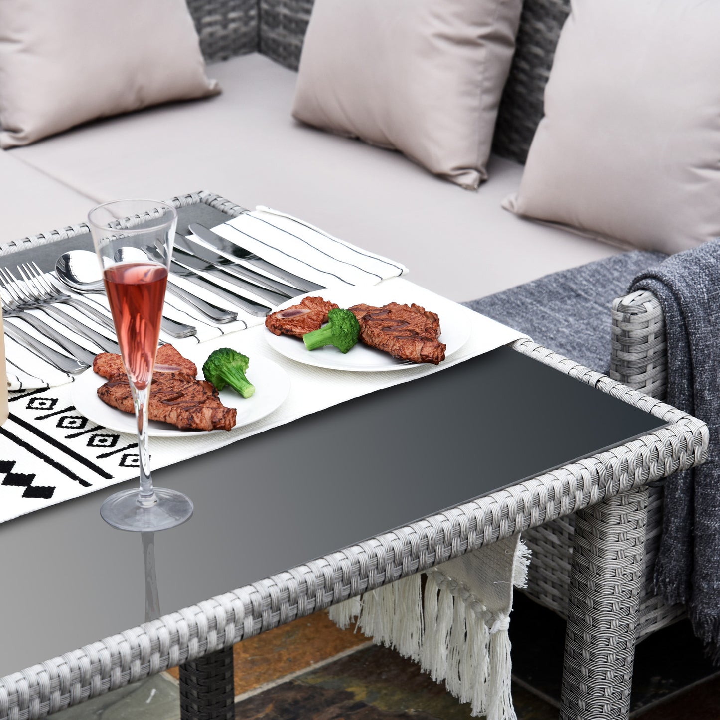 Outsunny 6-osobowy zestaw jadalny z rattanu, sofa, stół, podnóżek, meble ogrodowe z poduszką