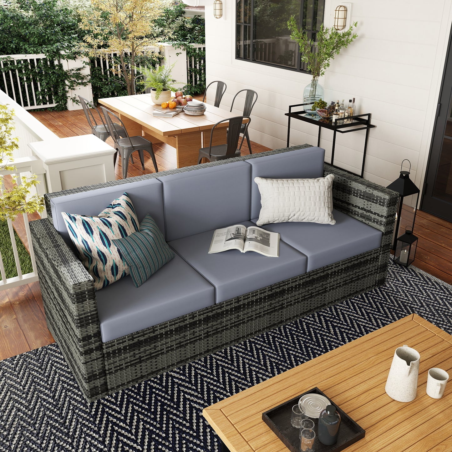 Outsunny 3-osobowa sofa ogrodowa All Weather, sofa ogrodowa rattanowa z poduszkami i ramą Mental, szara