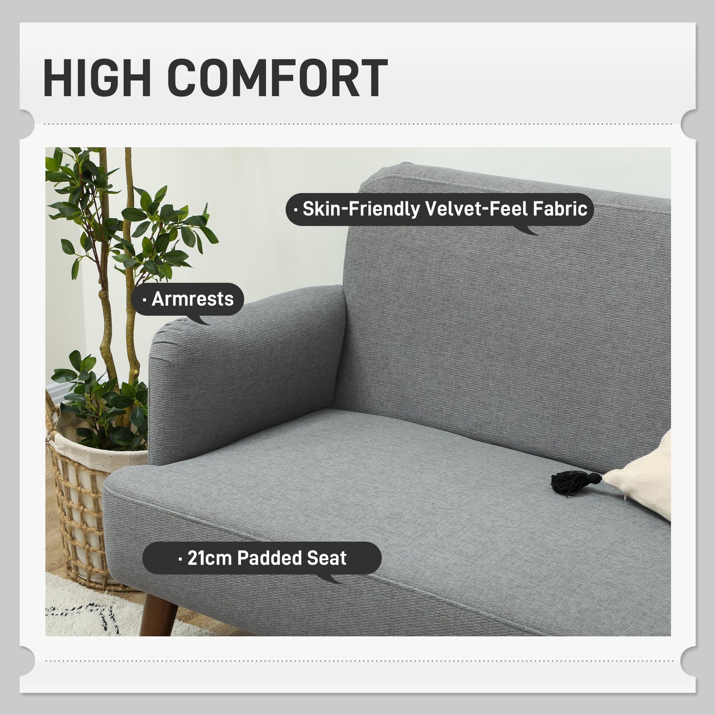 HOMCOM Sofa dwuosobowa z tkaniny Velvet Feel, mała sofa dwuosobowa z wypełnieniem o grubości 21 cm i drewnianymi nogami, szara