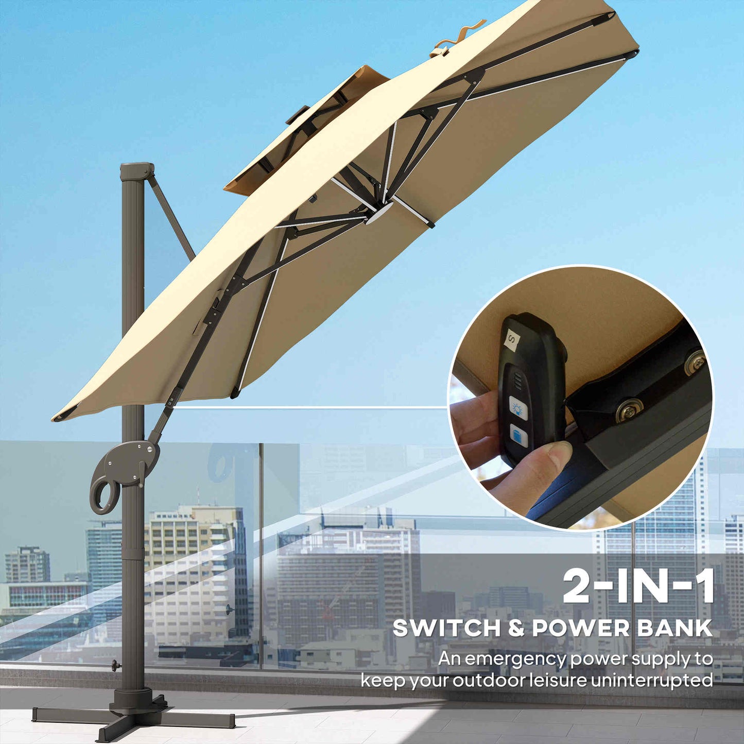 Outsunny 3 x 3(m) Aluminium Sun Square Canopy Top w/ Adjustable Pole Angle Khaki