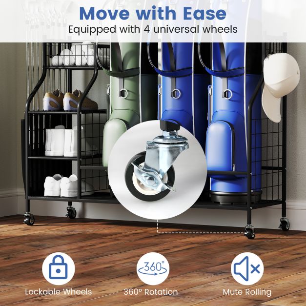 3 Golf Bag Stand for Clubs with Lockable Wheels and Removable Hooks-Black