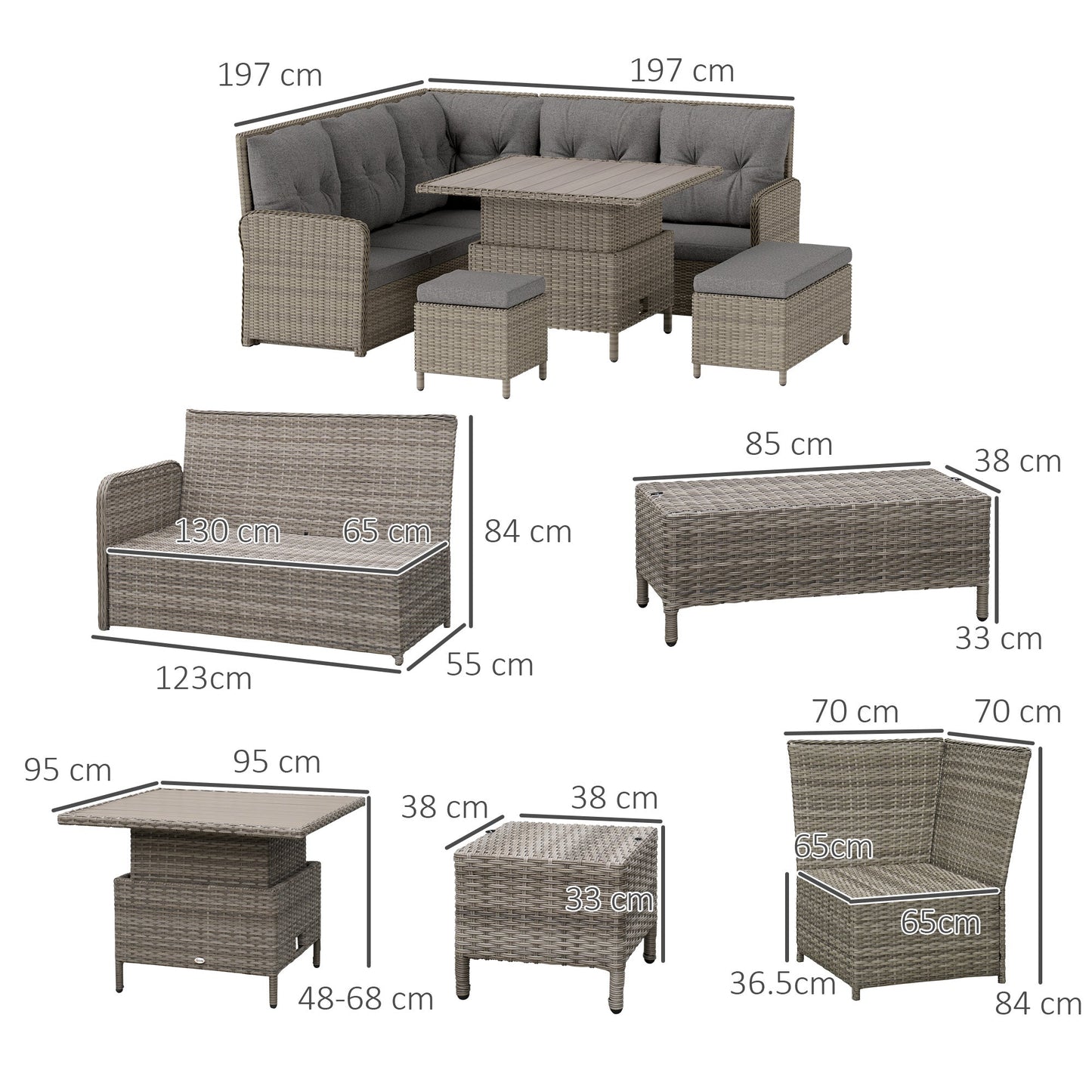 Outsunny 6-częściowy zestaw mebli ogrodowych z rattanu PE, narożna sofa na patio z wikliny z miękką wyściółką i podnoszonym stolikiem kawowym, jasnoszary