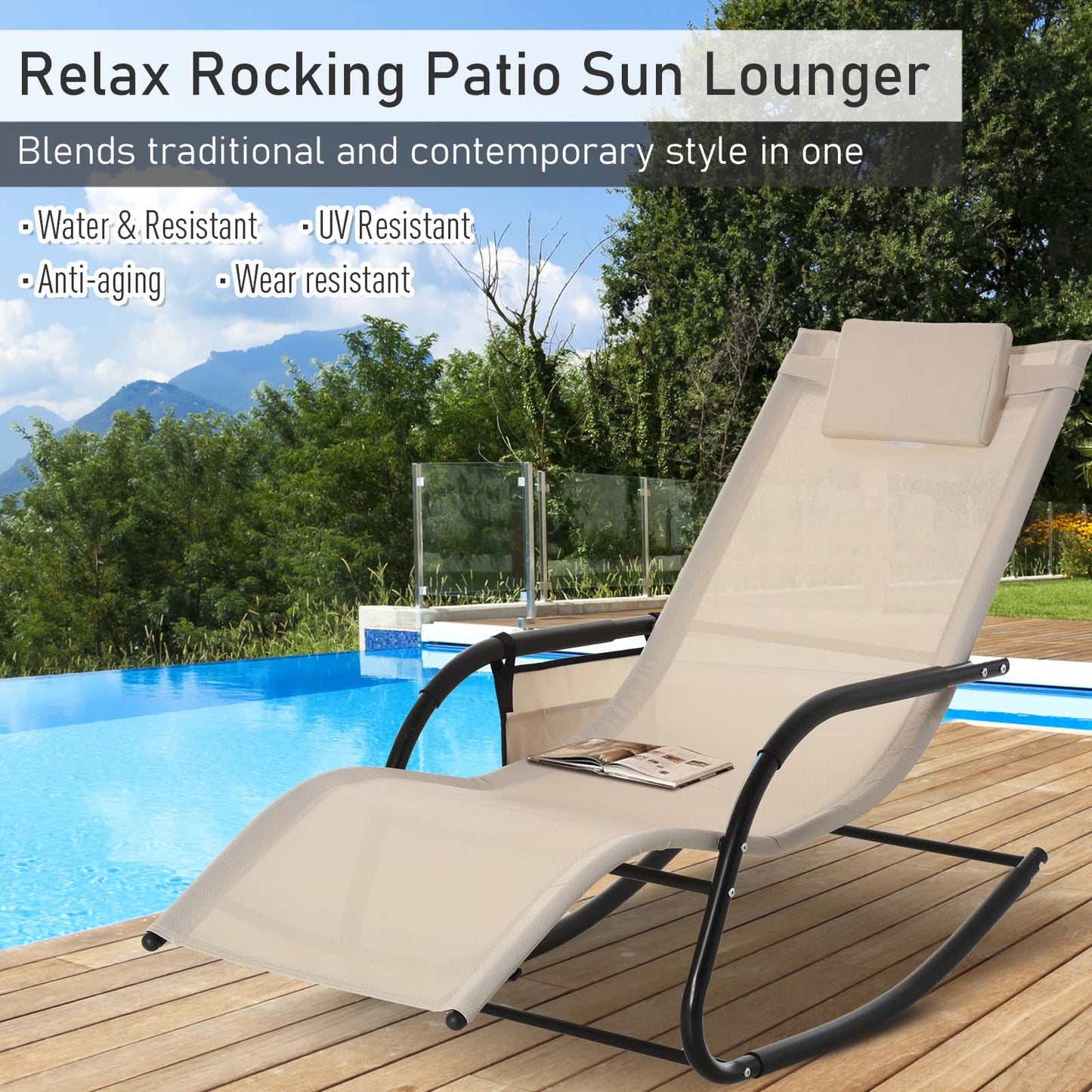 Outsunny Outdoor Garden Rocking Chair, Patio Sun Lounger Rocker Chair z oddychającą siateczką, zdejmowaną poduszką zagłówka, podłokietnikiem, boczną torbą do przechowywania, kremowo-biały