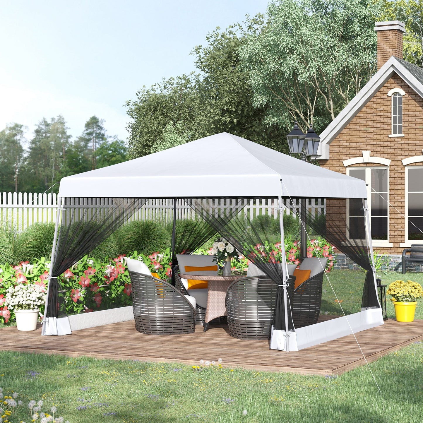 Outsunny Outdoor Garden Pop-up Gazebo Canopy Tent Sun Shade Event Shelter Folding with Adjustable Height, Mesh Screen Side Walls 3.5 M _ 3.5 M Base / 3 M _ 3 M Top, White