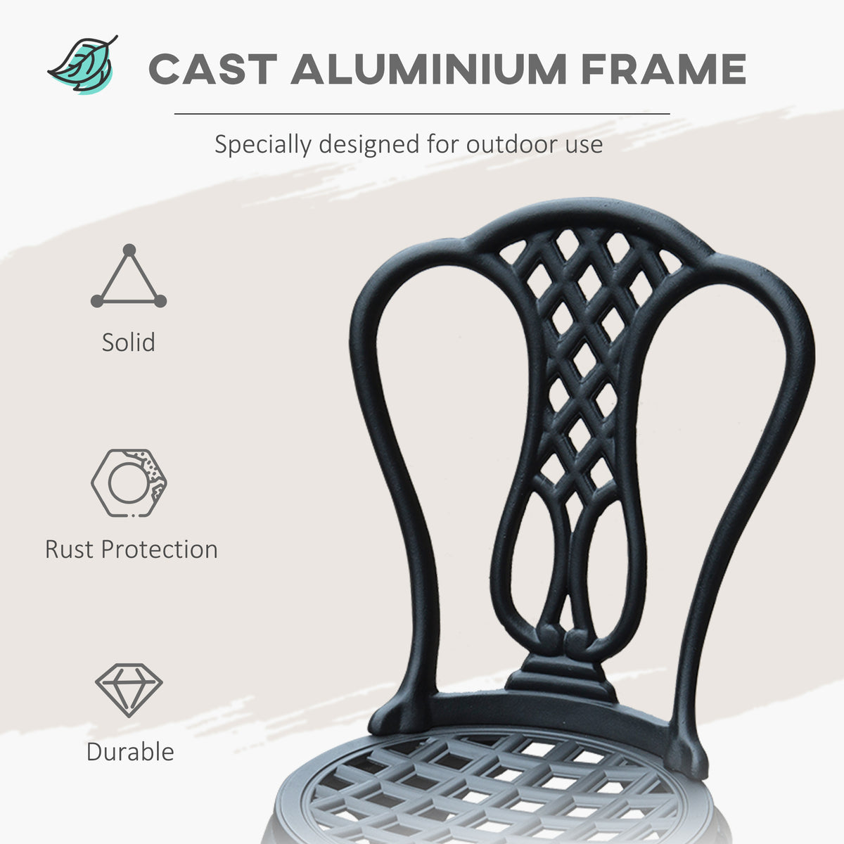 Outsunny 3 Piece Small Patio Furnture Cast Aluminium Bistro Set Garden Outdoor Table and Chairs Shabby Chic Style