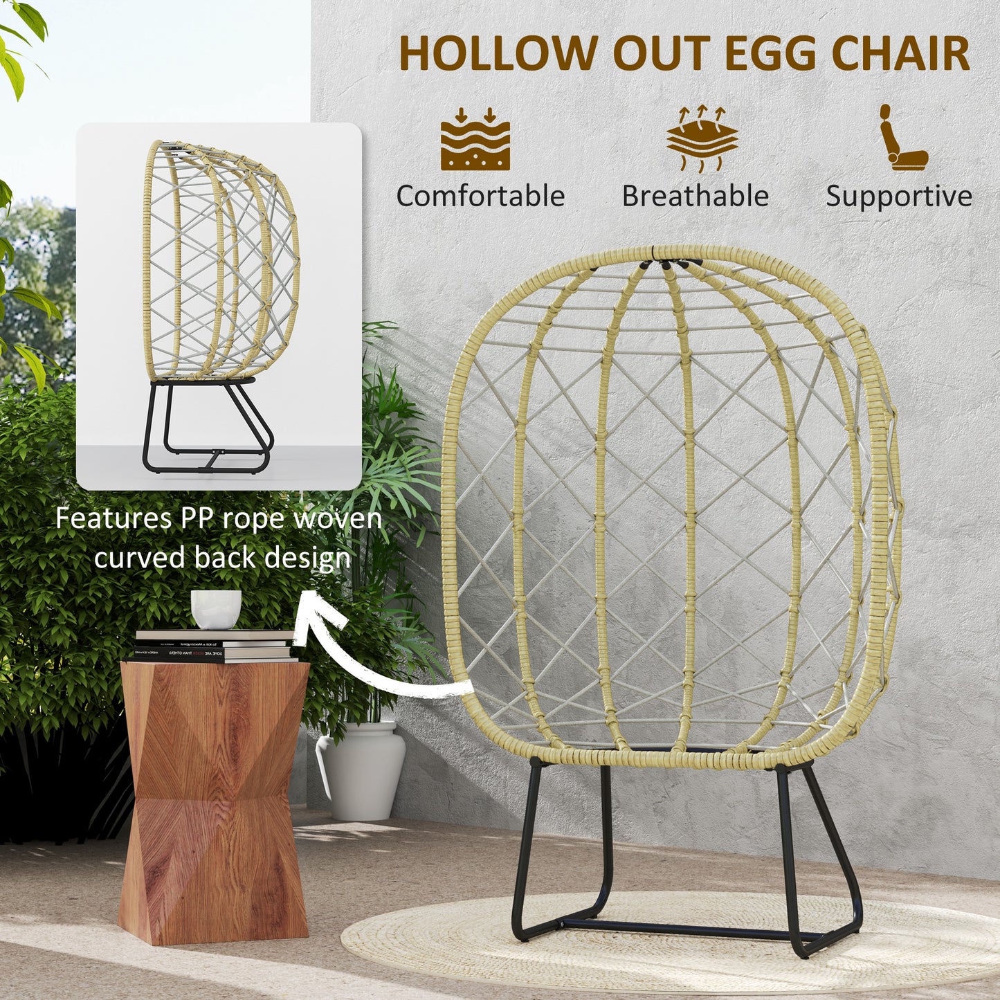 Outsunny Rattan Egg Chair Outdoor Indoor Wicker Chair z pogrubioną poduszką i zagłówkiem, stojący ogrodowy Egg Chair z uchwytem na kubek, metalowa rama na patio, balkon, szary