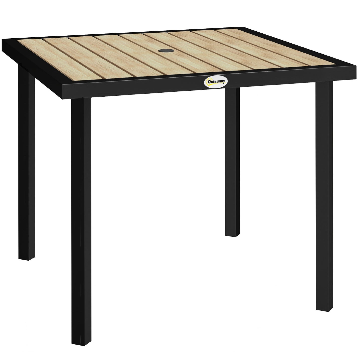 Stół ogrodowy Outsunny Square Garden Dining Table z otworem na parasol 5,4 cm, blatem z listew, metalową ramą, 86 x 86 x 71 cm, brązowy