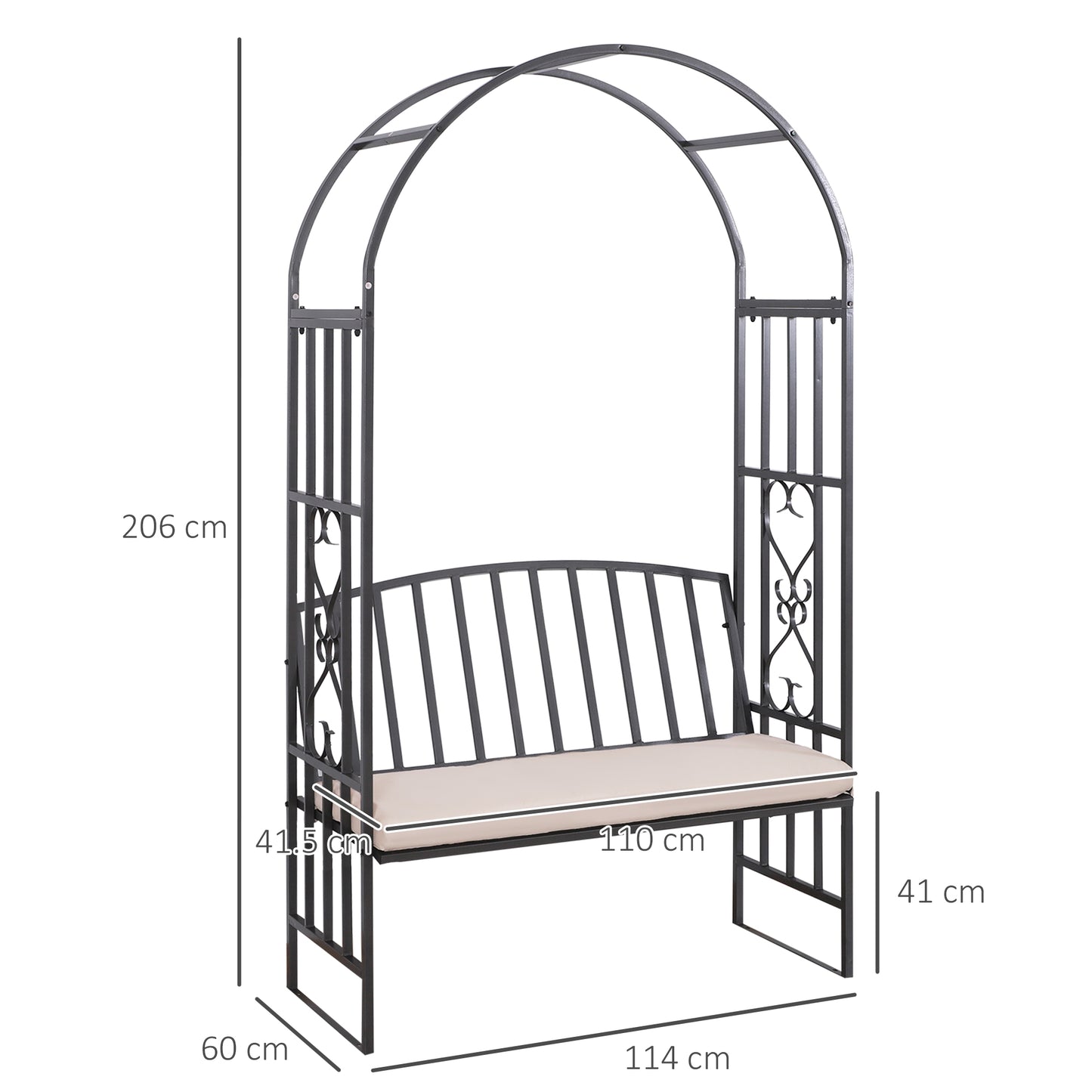 Ławka Outsunny Metal Frame W/Arch, 114Lx60Wx206H cm-szara