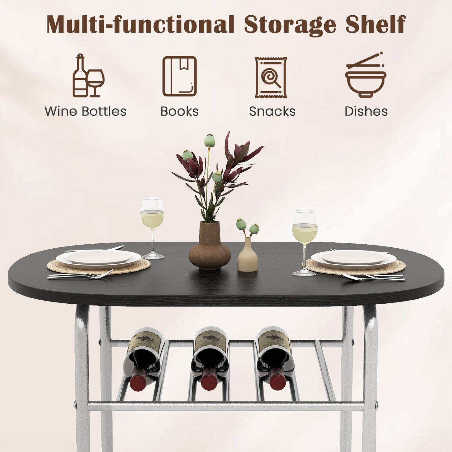 3-Piece Dining Table Set with Extra Wine Rack and Metal Frame-Black & Silver