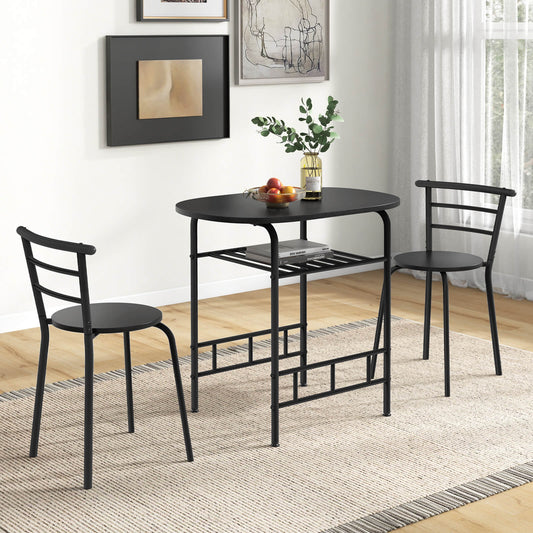 3-Piece Dining Table Set with Extra Wine Rack and Metal Frame-Black