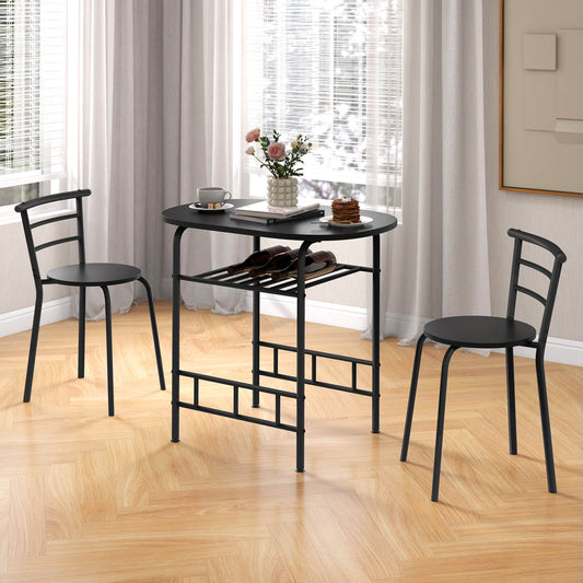 3-Piece Dining Table Set with Extra Wine Rack and Metal Frame-Black