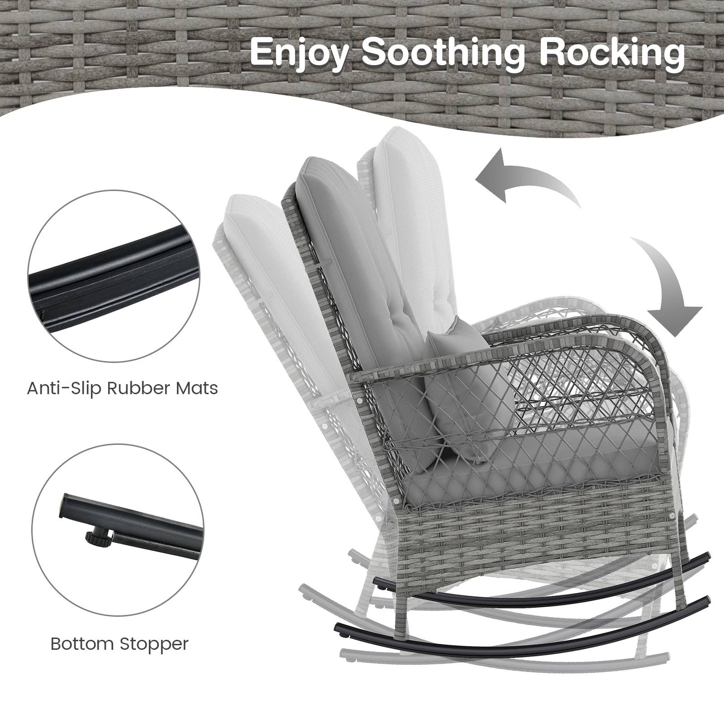 3 Piece Outdoor Rocking Chair Set with Cozy Cushions and Pillow-Grey