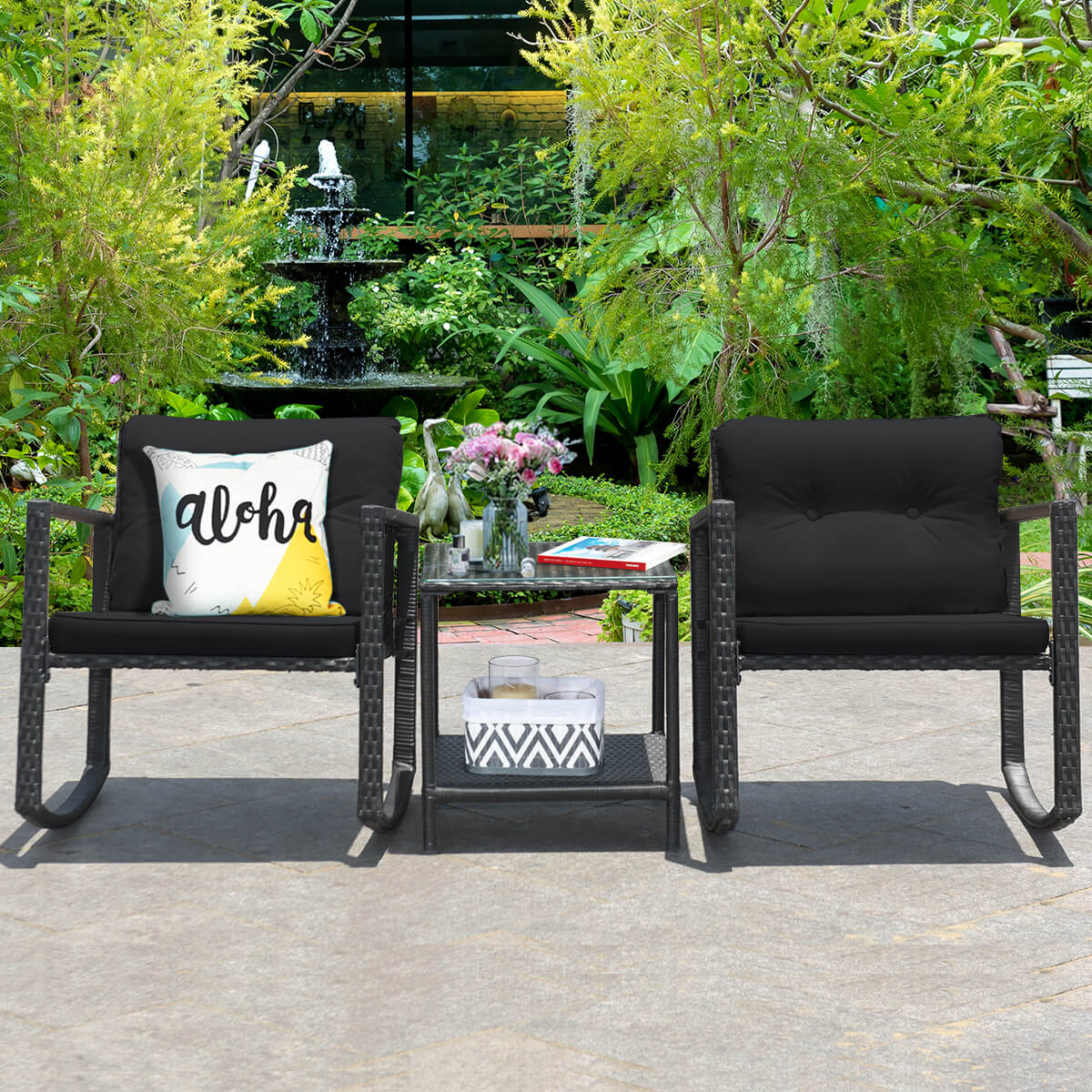 3 Pieces Outdoor Rocking Bistro Set PE Rattan with Cushions-Black