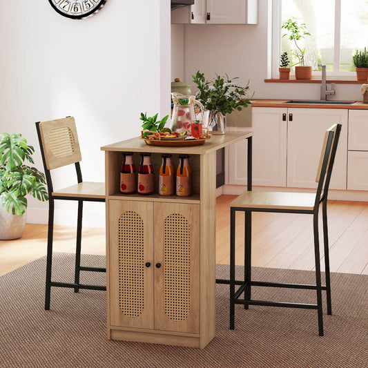 3-Piece Bar Table and Chairs Set Counter Height with PE Rattan Cabinet-Natural