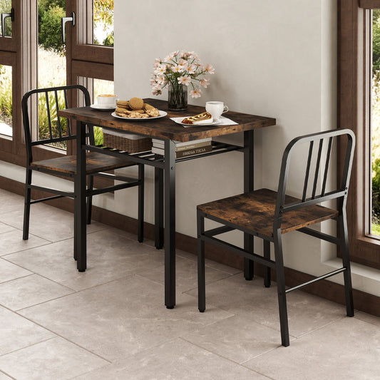 3-Piece Dining Table Set with Storage Rack and Metal Legs-Rustic Brown