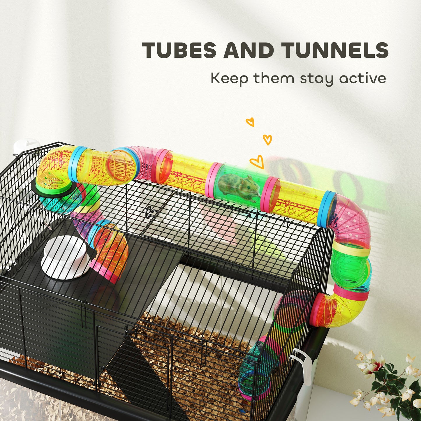 PawHut 2 Tier Hamster Cage with 31cm Deep Tray, Tube System, Water Bottle, Ramp, Feeding Bowl, 58 x 43 x 57cm, Multicolour