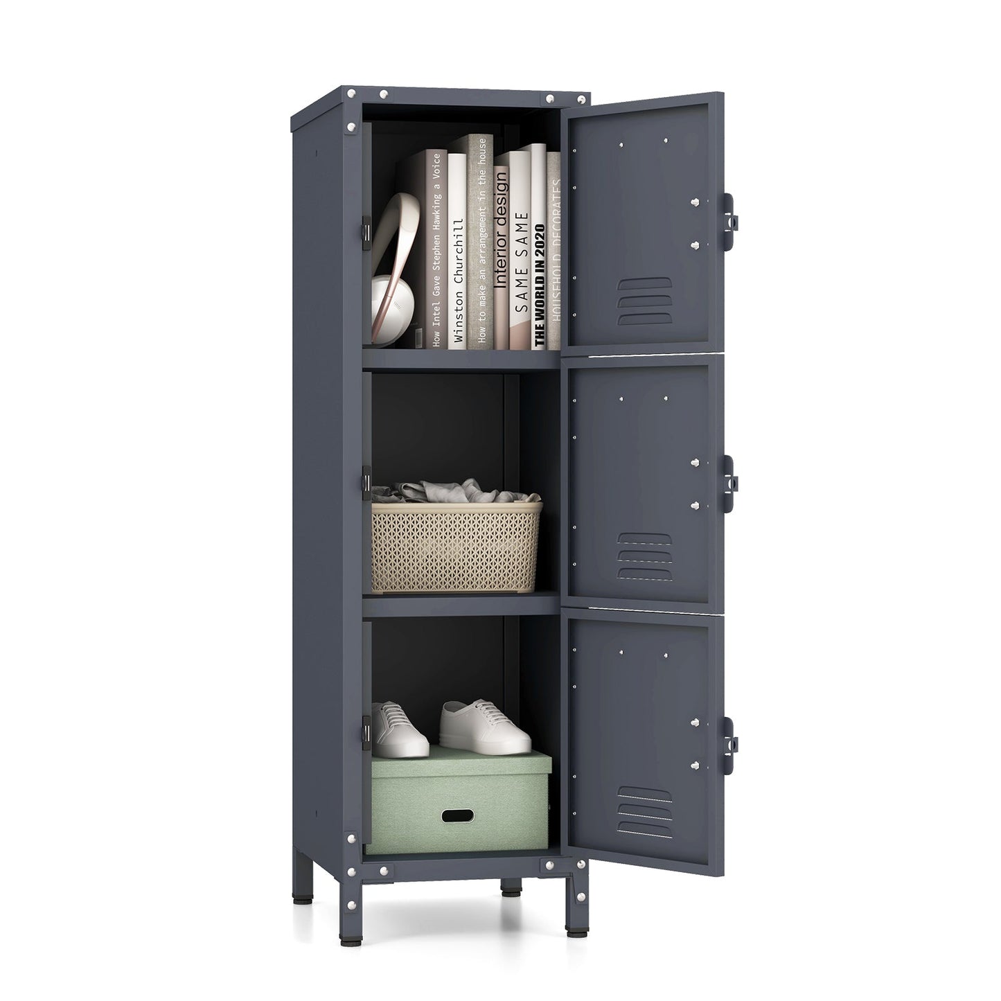 3-Tier Metal Organizer Storage Locker with Lockable Doors and Name Tags