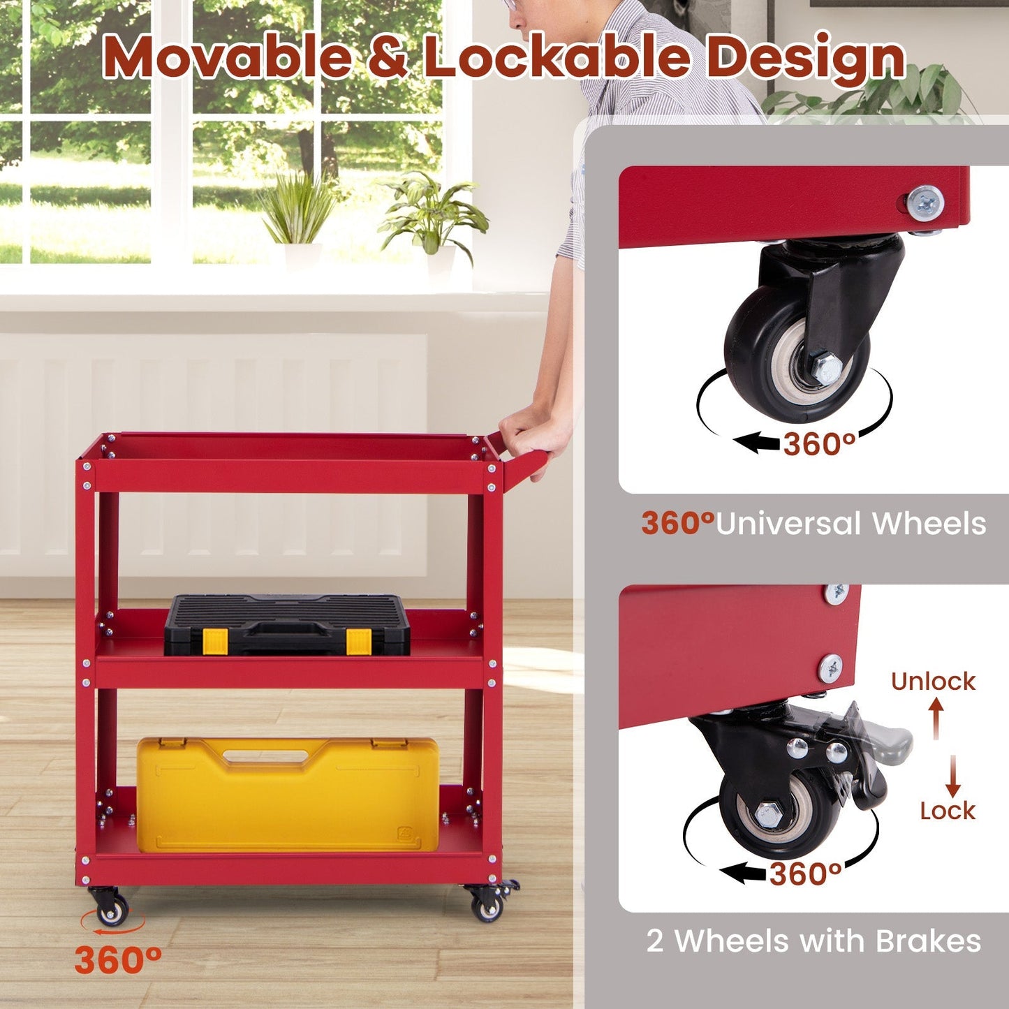 3-Tier Rolling Tool Cart with 4 Universal Wheels with 2 Brakes-Red