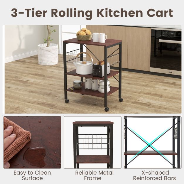 3-Tier Utility Cart Storage Trolley with 10 Removable Hooks-Coffee