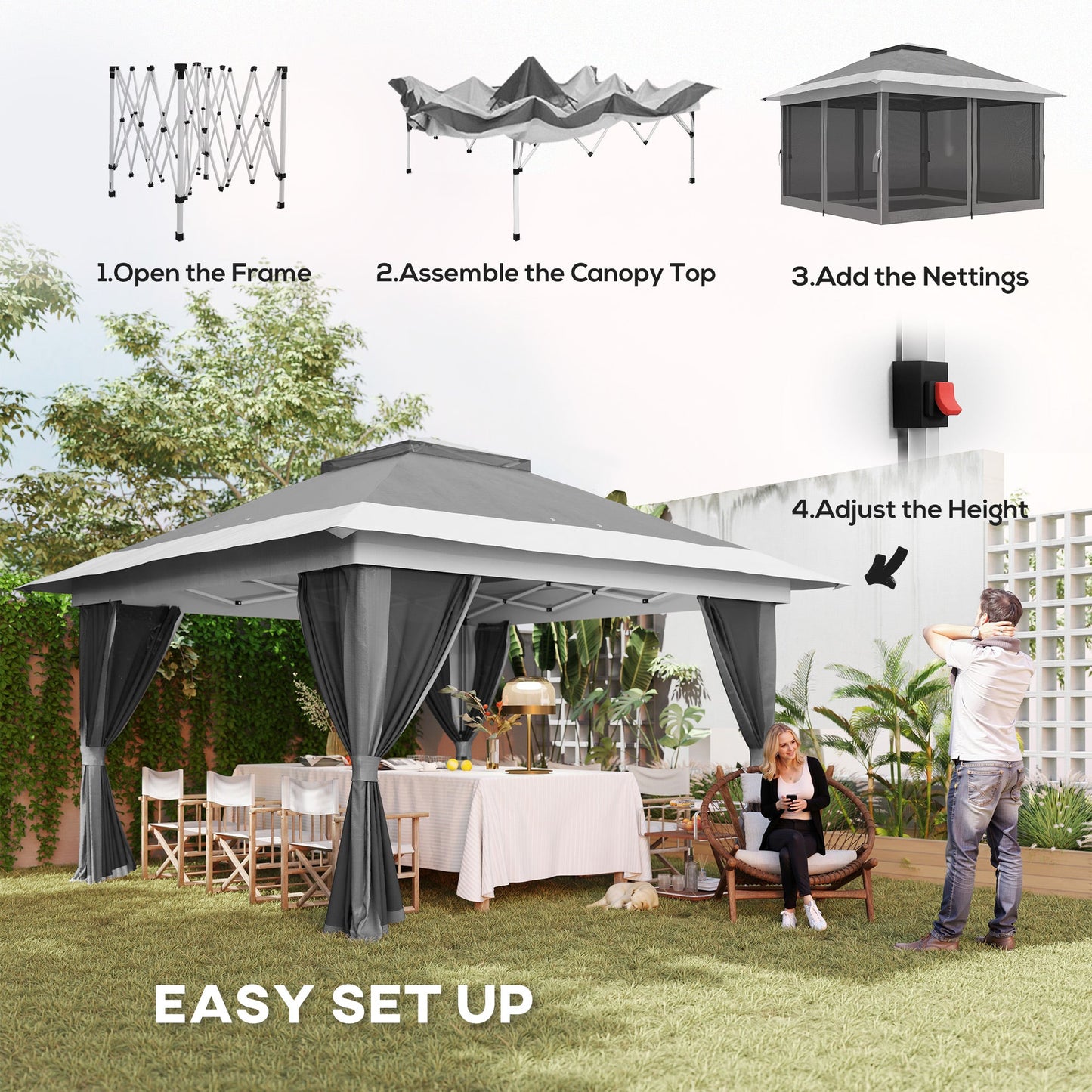 Altana rozkładana Outsunny 3,6 x 3,6 m z akcesoriami – szara
