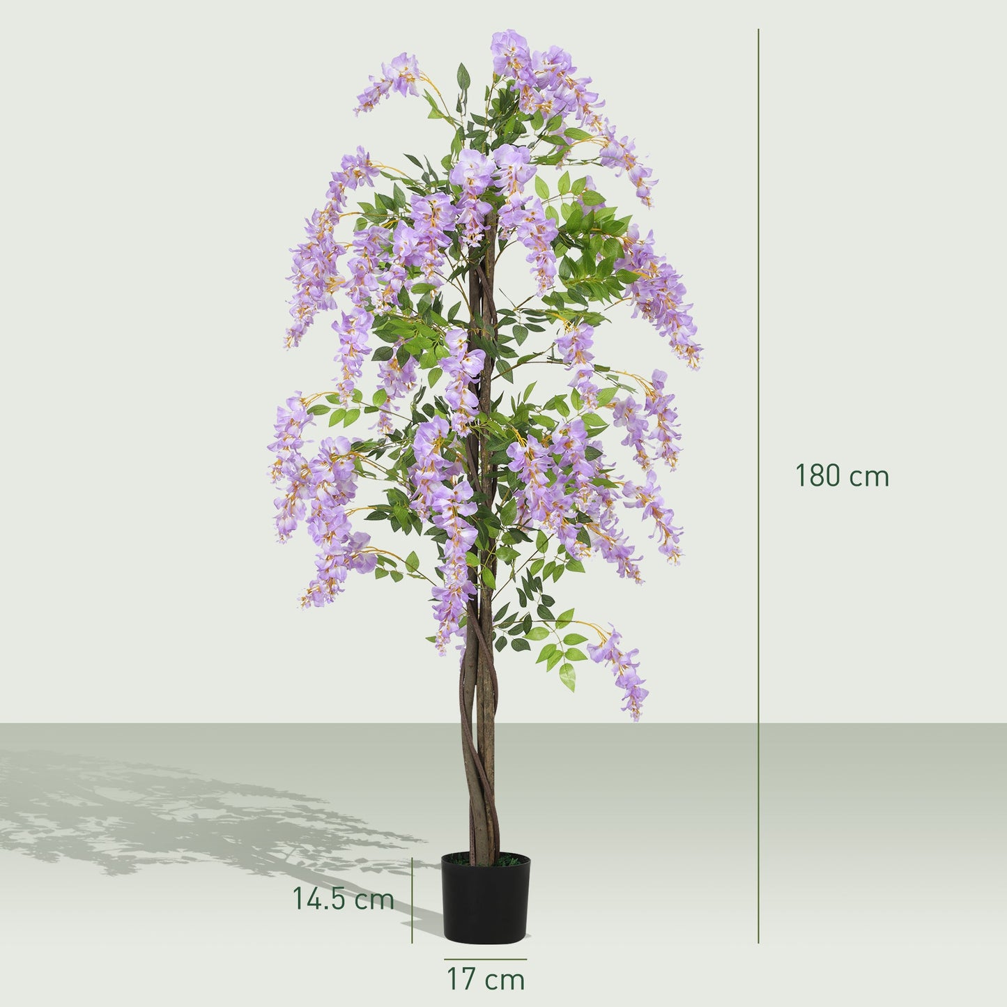 HOMCOM Sztuczny kwiat glicynii, wysoka sztuczna roślina z 756 liśćmi i 54 kwiatami w doniczce, dekoracyjna sztuczna roślina do wystroju wnętrz, 180 cm, fioletowy