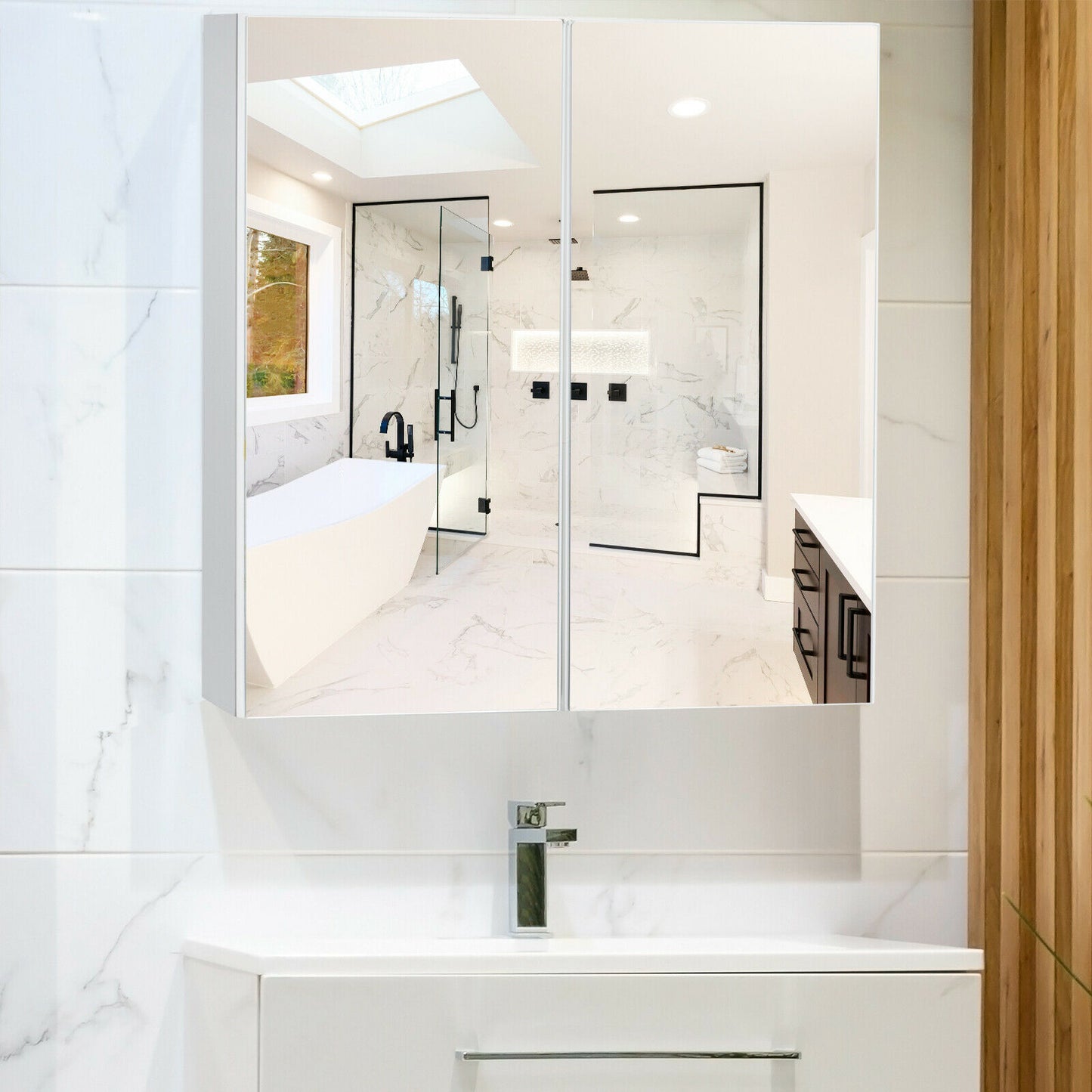 Bathroom Storage Cabinet with Double Mirror Doors