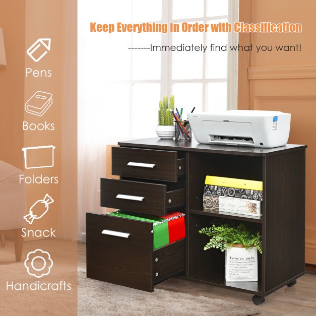 3-Drawer Mobile Lateral File Cabinet Printer Stand-Espresso