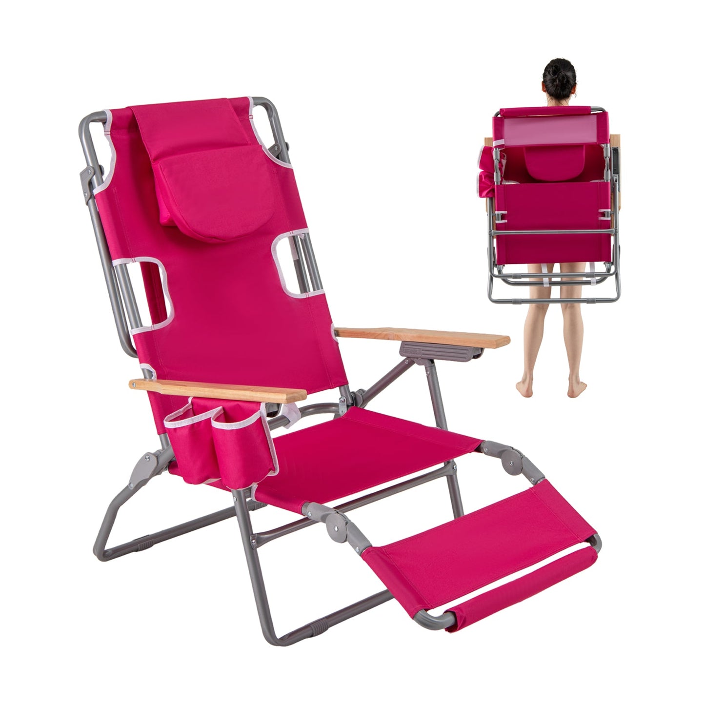 3-IN-1 Foldable Beach Chair Lay-Flat Tanning Chair with Face Hole-Pink