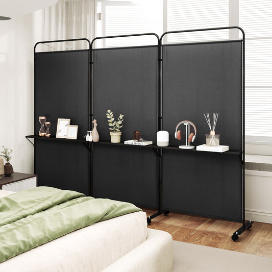 3-Panel Folding Room Divider Rolling Privacy Screen with 3 Metal Shelves-Black