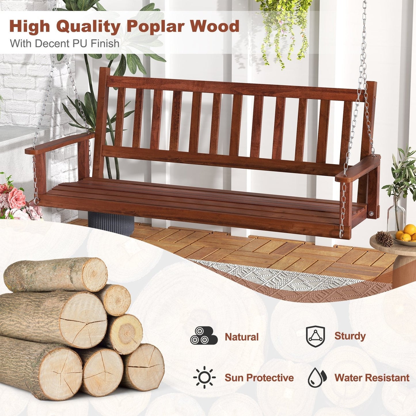 2/3 Person Wooden Outdoor Porch Swing with Adjustable Upper Chains-Brown-3 Person