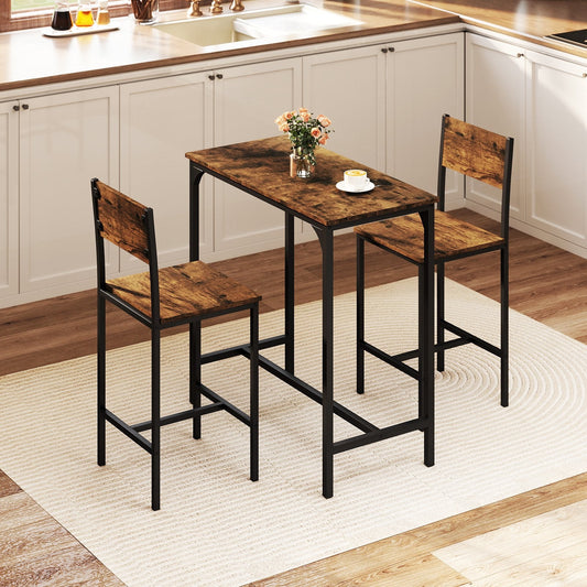 3 Piece Bar Table Set with Pub Dining Table and 2 Bar Stoolsfor Small Space-Brown