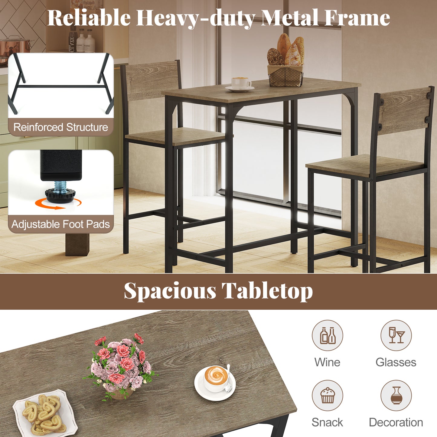 3 Piece Bar Table Set with Pub Dining Table and 2 Bar Stoolsfor Small Space-Grey