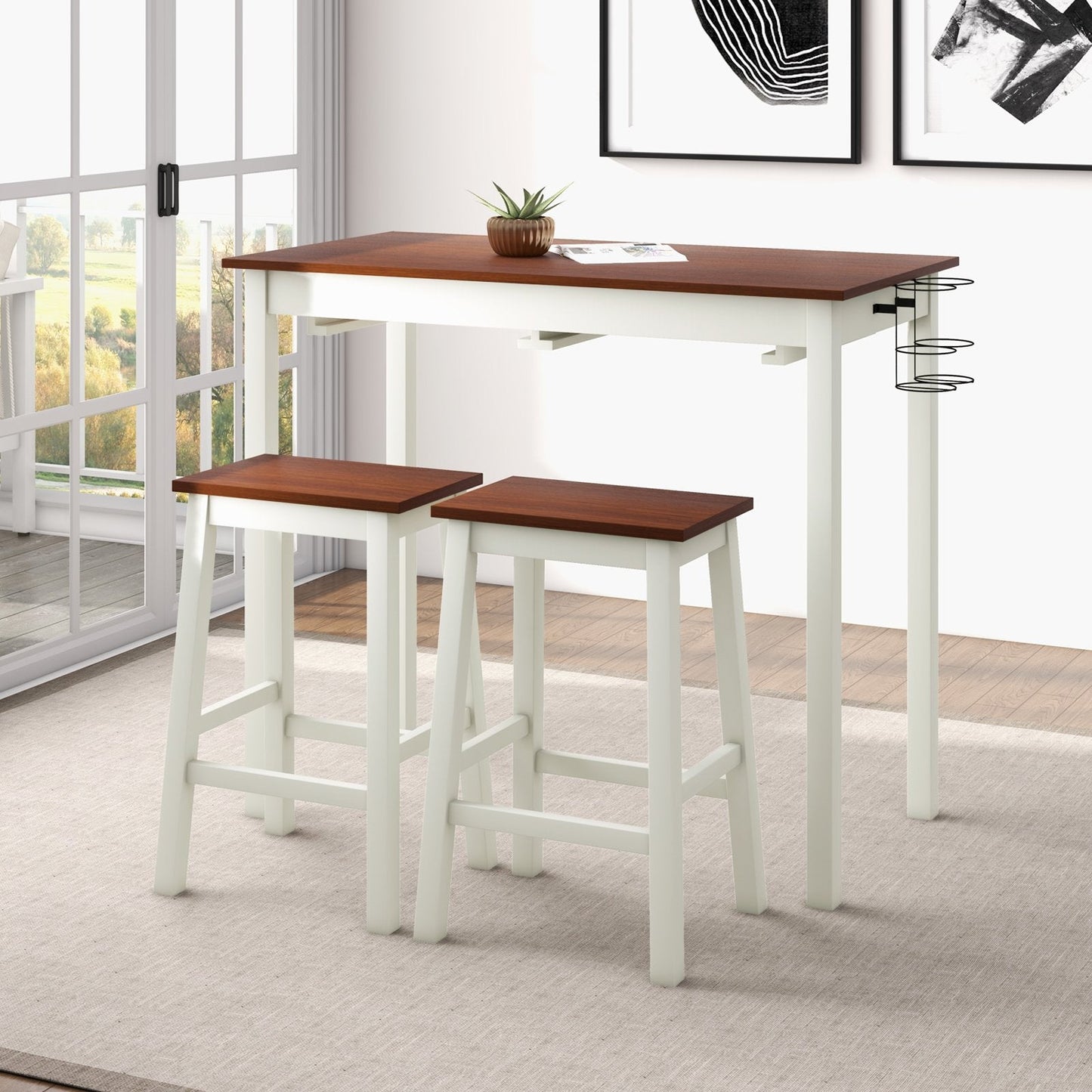3-Piece Bar Table Set with 2 Wine Holders-Cream White