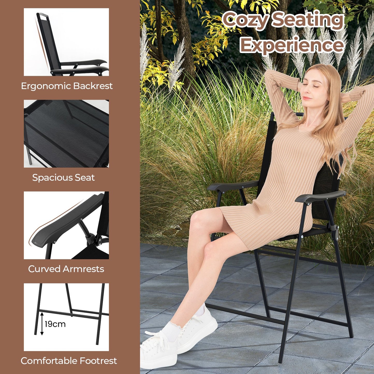 3-Piece Outdoor Bar Stool Set with DPC Tabletop and Umbrella Hole and Footrest-Black