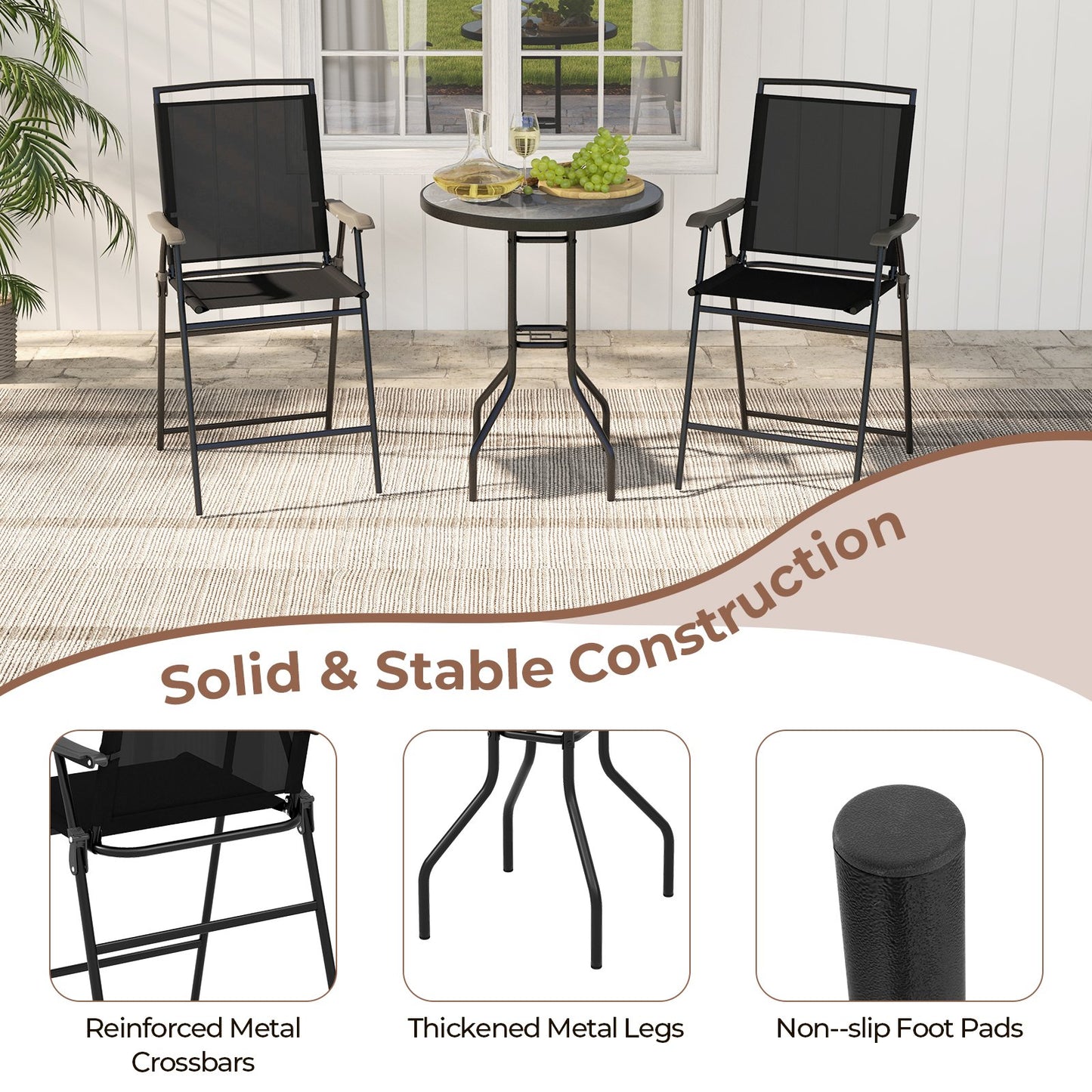 3-Piece Outdoor Bar Stool Set with DPC Tabletop and Umbrella Hole and Footrest-Black