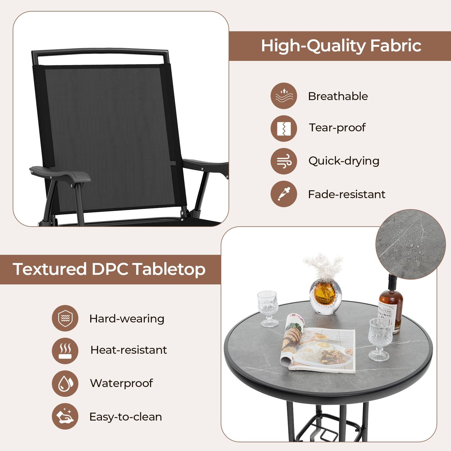 3-Piece Outdoor Bar Stool Set with DPC Tabletop and Umbrella Hole and Footrest-Black