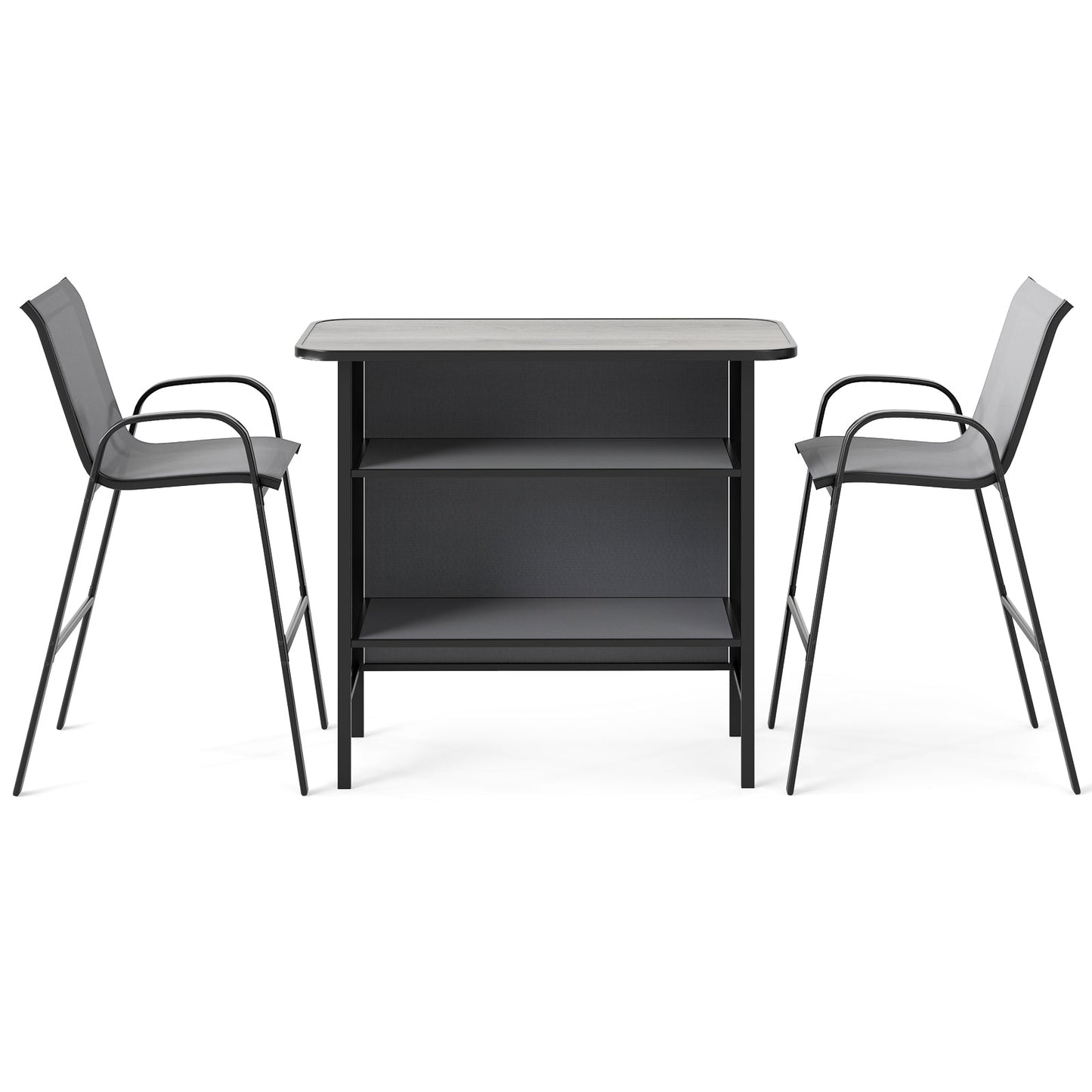 3 Piece Outdoor Bar Table and Chairs Set with Breathable Fabric-Grey