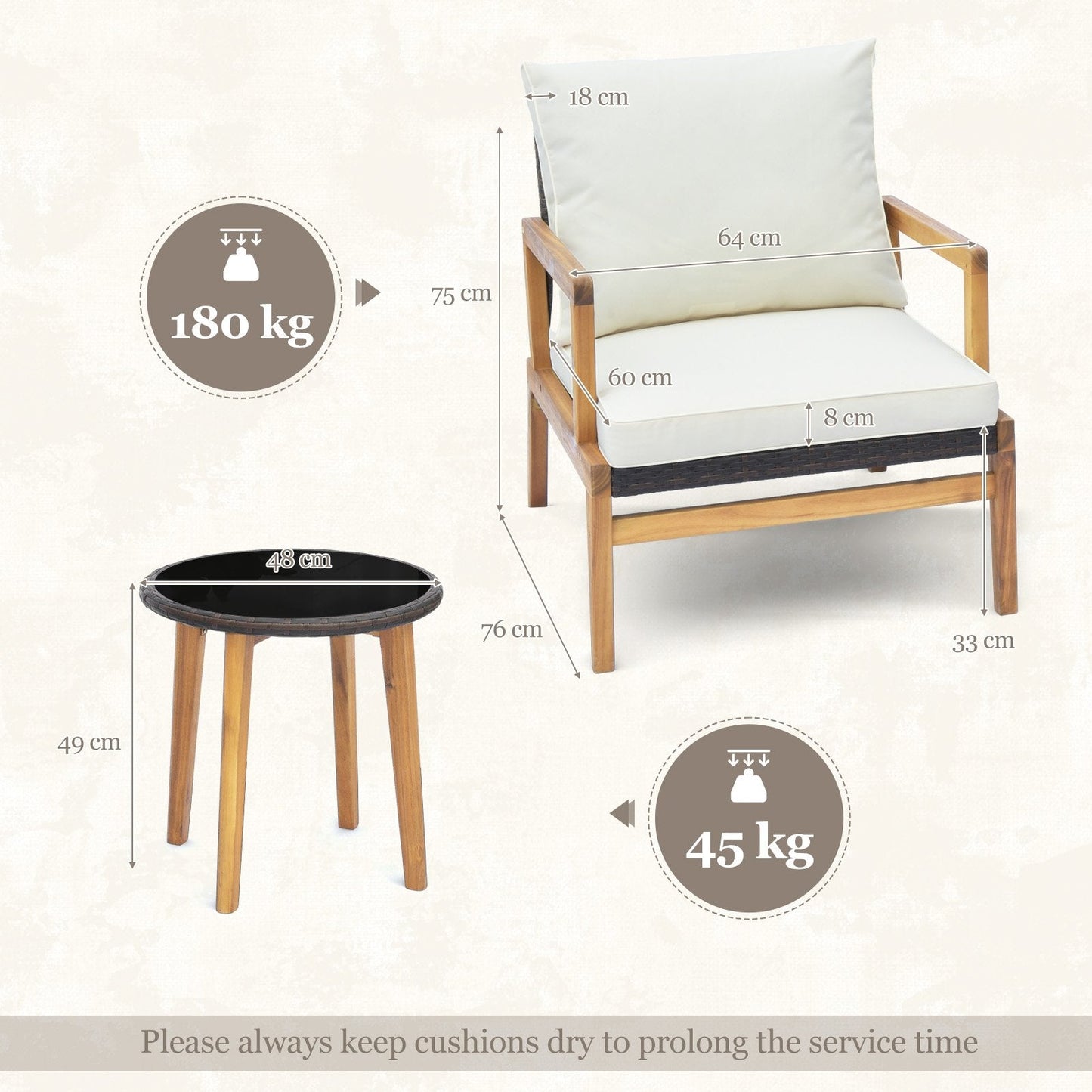 3 Pieces Garden Wicker Chair and Side Table Set with Soft Cushions-White