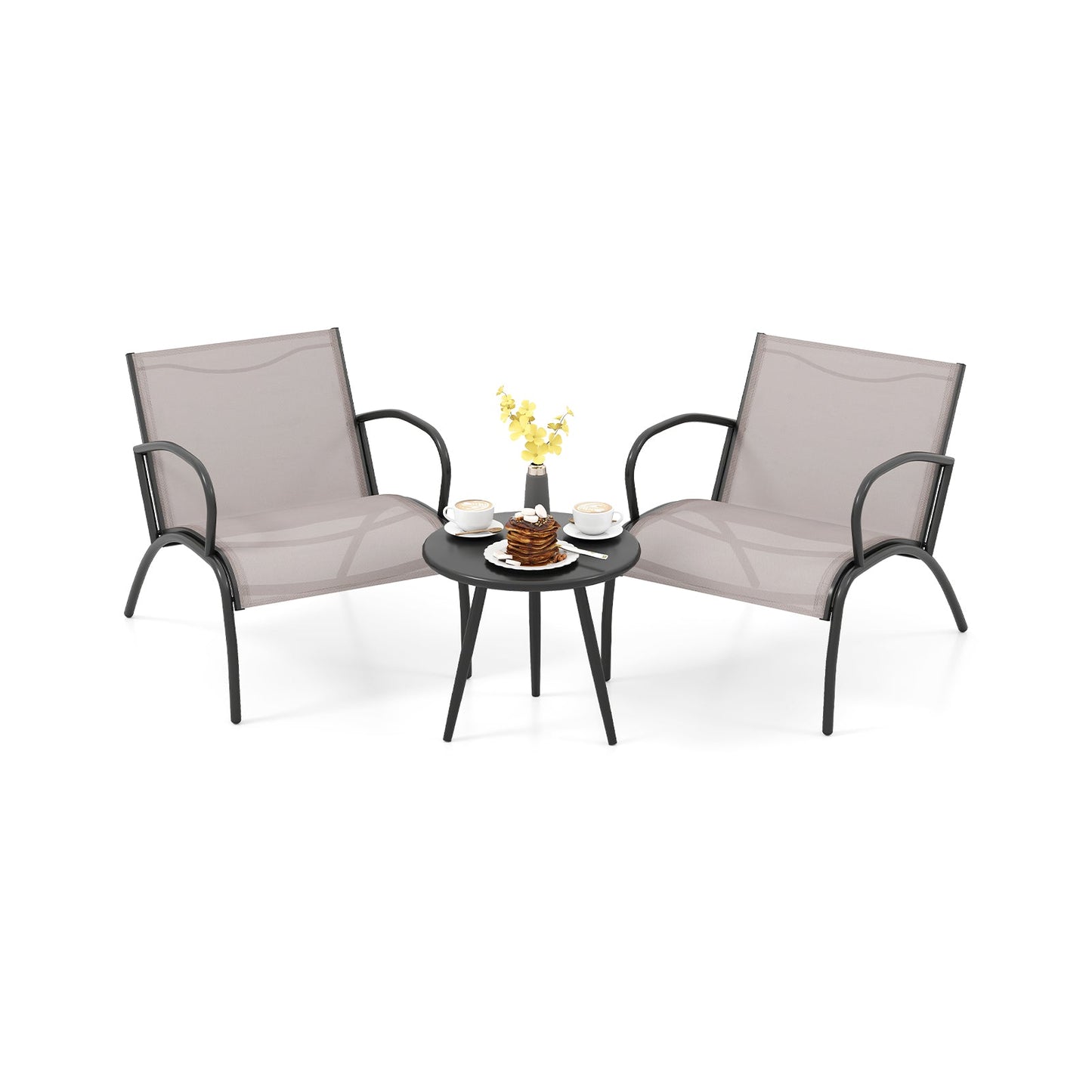 3 Piece Patio Chair Set Metal Aluminum Wide Armchair and Table Set-Light Grey