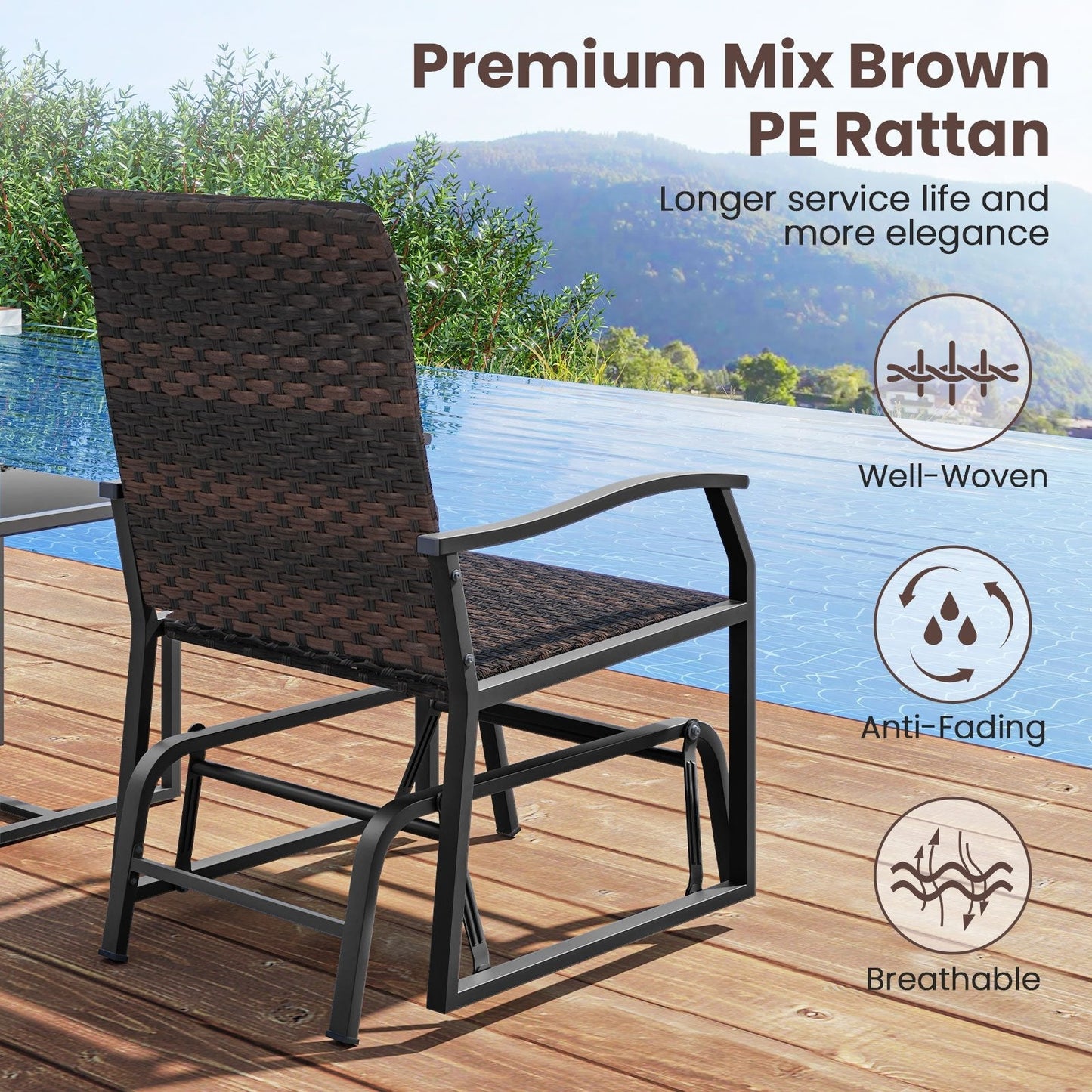 3 Piece Patio Gliding Set with Tempered Glass Coffee Table-Brown