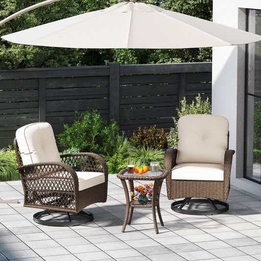 3 Pieces Outdoor Patio Furniture Set with Table and 2 Swivel Rocking Chairs-White