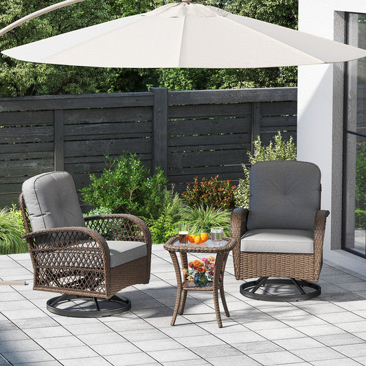 3 Pieces Outdoor Patio Furniture Set with Table and 2 Swivel Rocking Chairs-Grey