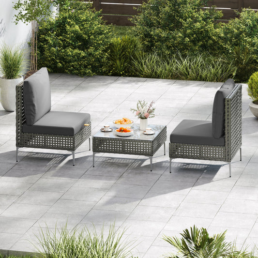 3 Pieces PE Rattan Conversation Chairs with Tempered Glass Coffee Table for Garden Porch-Grey