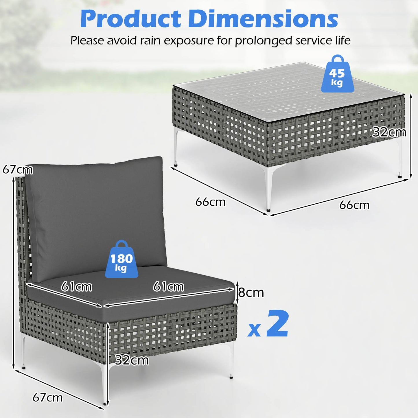 3 Pieces PE Rattan Conversation Chairs with Tempered Glass Coffee Table for Garden Porch-Grey