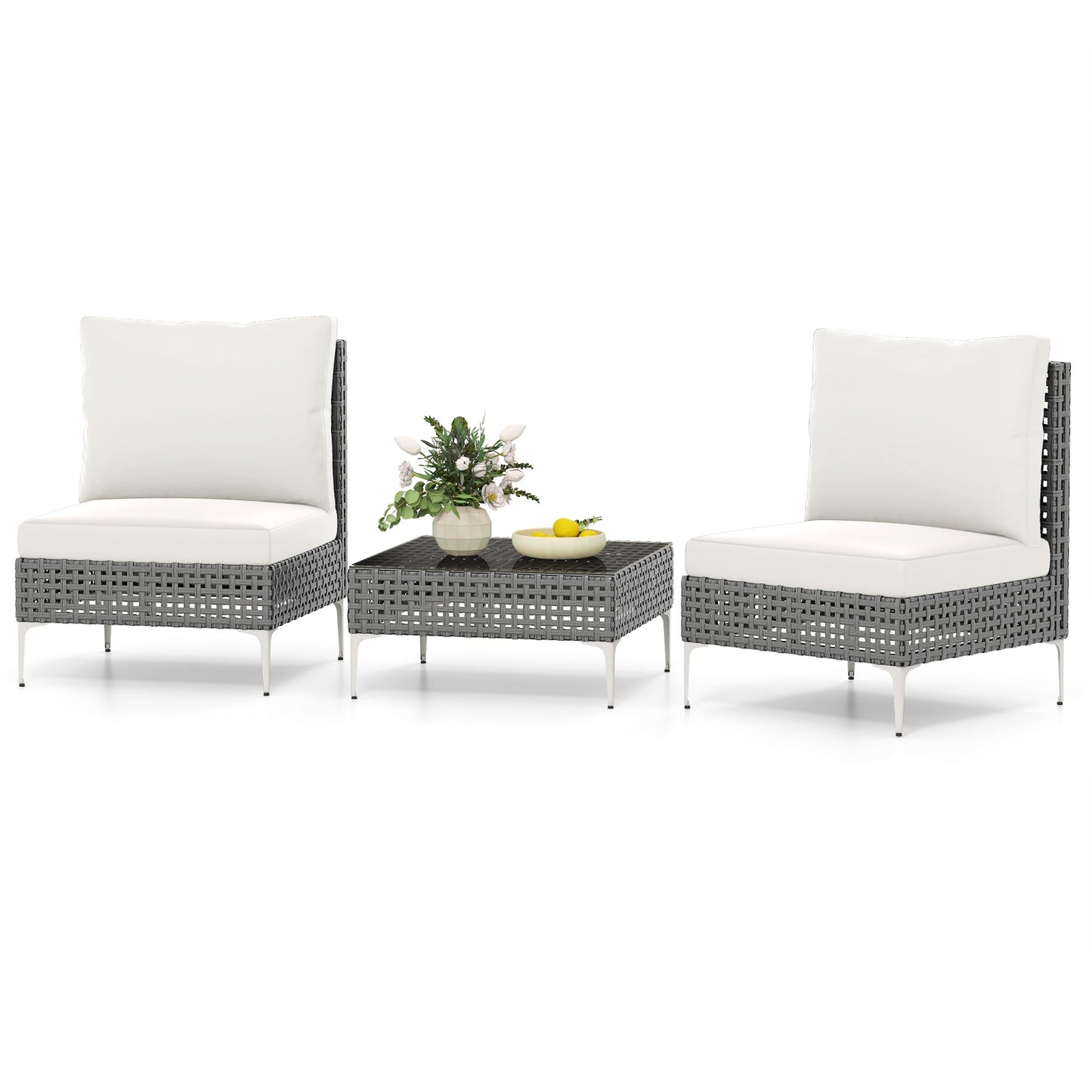 3 Pieces PE Rattan Conversation Chairs with Tempered Glass Coffee Table for Garden Porch-White