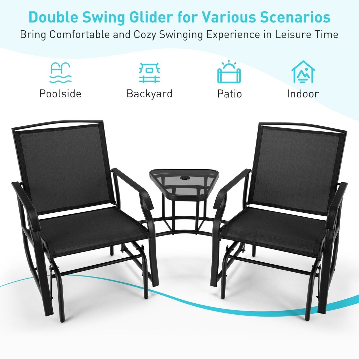 Outdoor Double Swing Glider Chair with Table and Umbrella Hole-Black